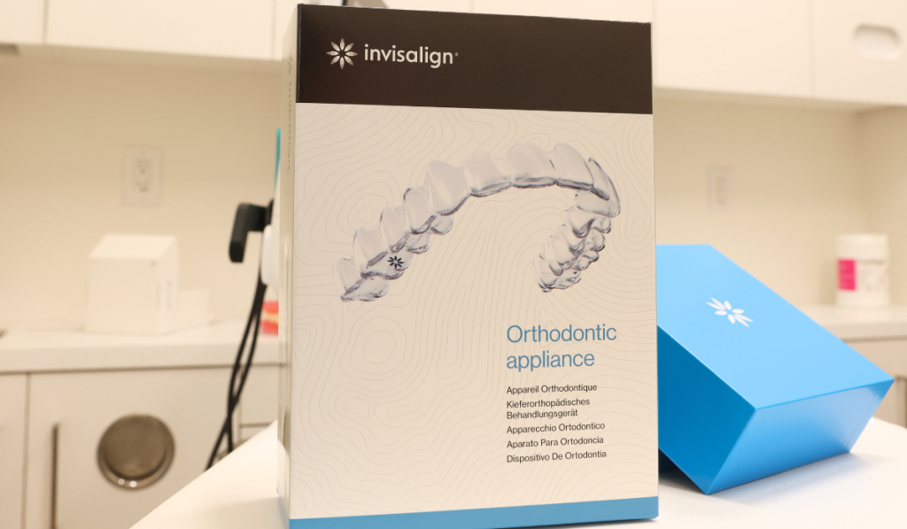 invisalign box containing a set of trays used as demo for patients at Gleam Dental in high park, toronto